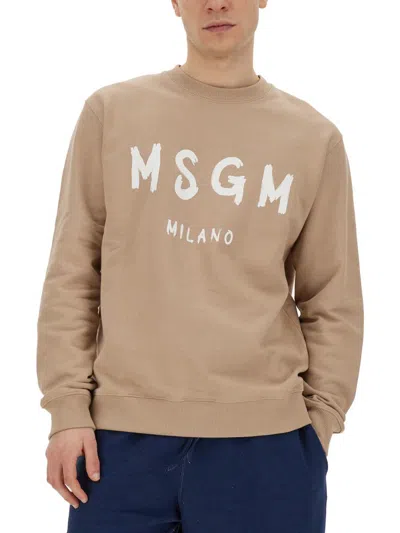 Shop Msgm Sweatshirt With Brushed Logo In Beige