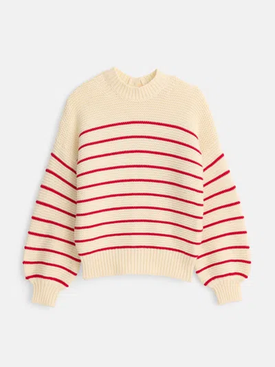 Alex Mill Stripe Button Back Cotton Crewneck Sweater In Ivory/red