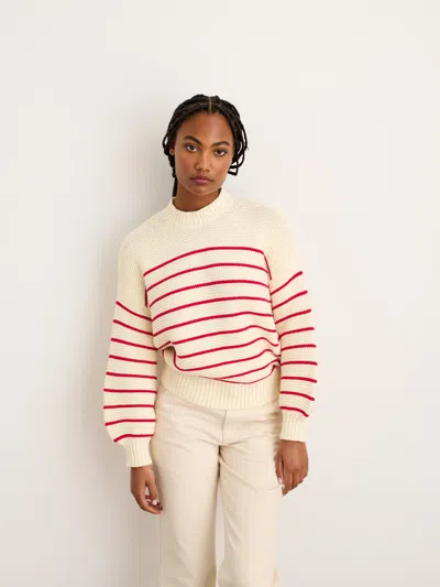 Alex Mill Stripe Button Back Cotton Crewneck Sweater In Ivory/red