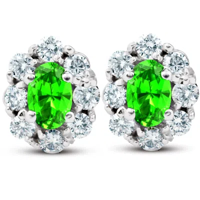 Pompeii3 3 Ct Peridot & Diamond Halo Studs 14k White Gold In Green