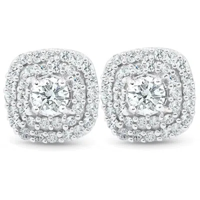 Pompeii3 1/2 Ct Tdw Genuine Diamond Cushion Halo Studs 10k White Gold 1/3" In Silver