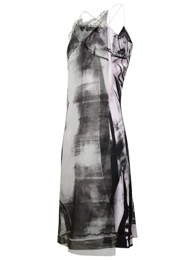 Maison Margiela Lace Trim Abstract-print Midi Slip Dress In Gray