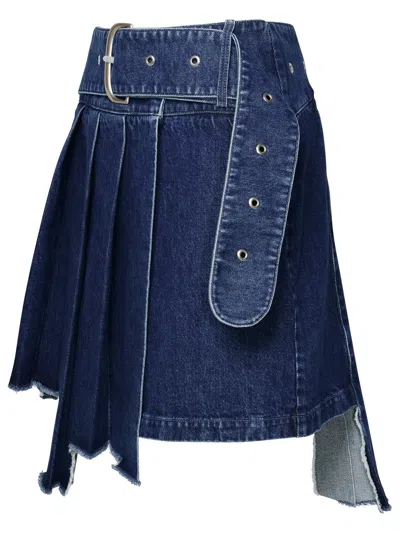 Off-white Pleated Asymmetric Denim Skirt In Blue