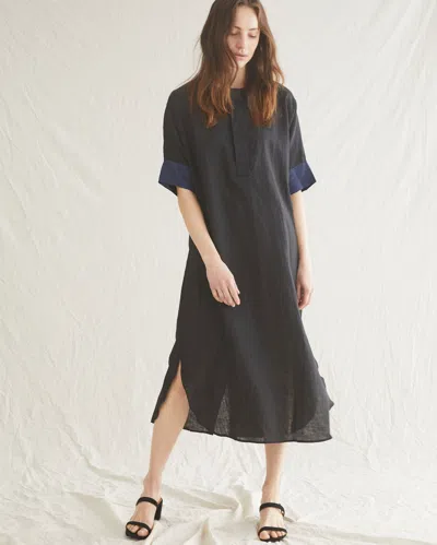 Reid S/s Dolman Utility Linen Dress In Black/navy