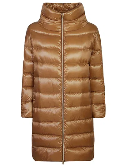 Herno Lightweight Camel Down Jacket With Double-slider Closure In Brown