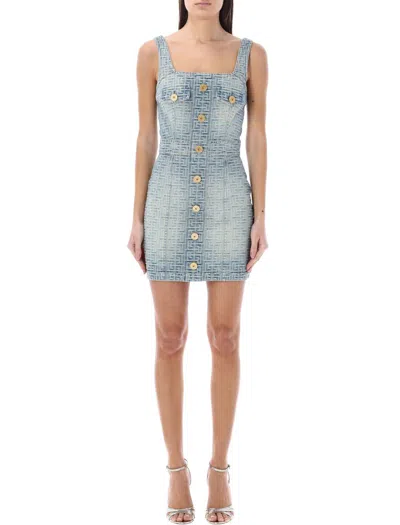 Shop Balmain Monogram Short Denim Dress In Blue