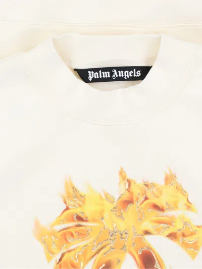 Palm Angels White Crewneck Sweatshirt With Burning Logo Print In Cotton Man In Beige