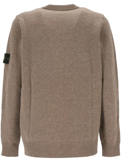 Shop Stone Island Beige Wool Crewneck Sweater With Logo Patch In Brown