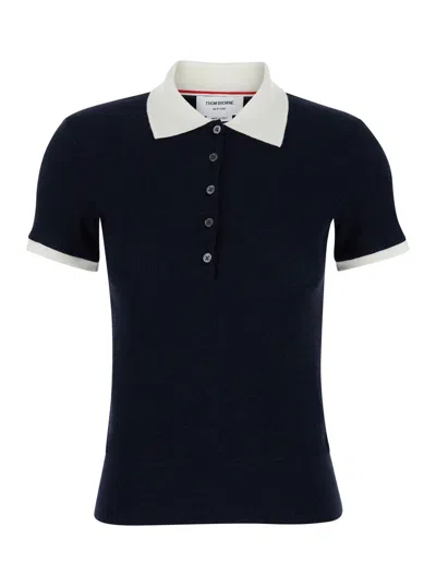 Shop Thom Browne Blue Fitted Polo Shirt With Contrasting Collar In Wool Woman