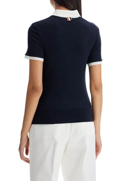 Shop Thom Browne Blue Fitted Polo Shirt With Contrasting Collar In Wool Woman