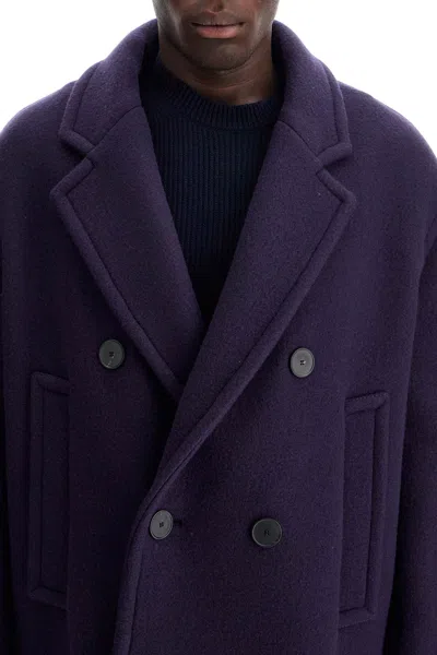 Shop Lanvin Double Breasted Heavy Wool Coat In Blue