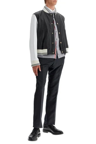 Shop Thom Browne Leather Varsity Bomber Jacket In 黑色的