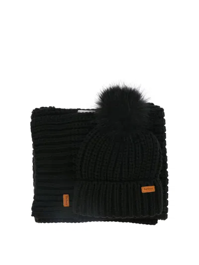 Barbour Logo Patch Rib Knit Puff Beanie And Scarf Set In Black