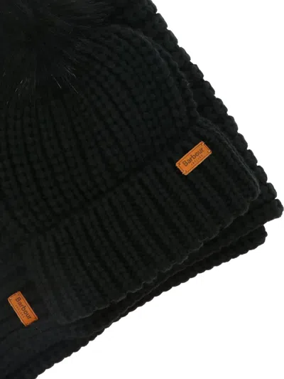 Barbour Logo Patch Rib Knit Puff Beanie And Scarf Set In Black