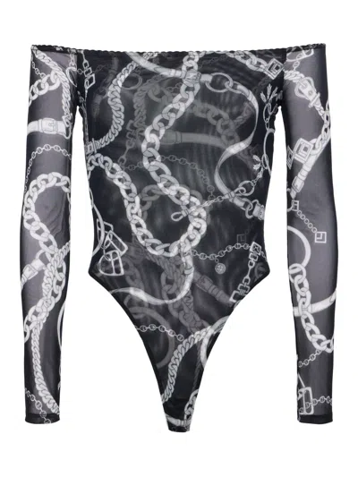 Shop L Agence Peonie Off-the-shoulder Bodysuit In Black/white Buckle Chain