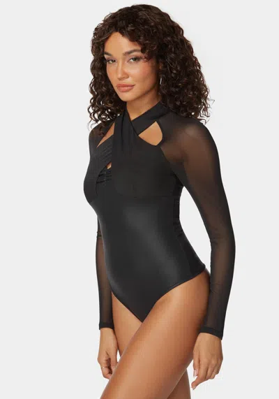 Bebe Coated Knit Combo Mesh Halter Neck Bodysuit In Black