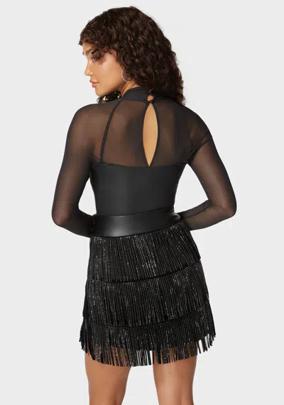 Bebe Coated Knit Combo Mesh Halter Neck Bodysuit In Black