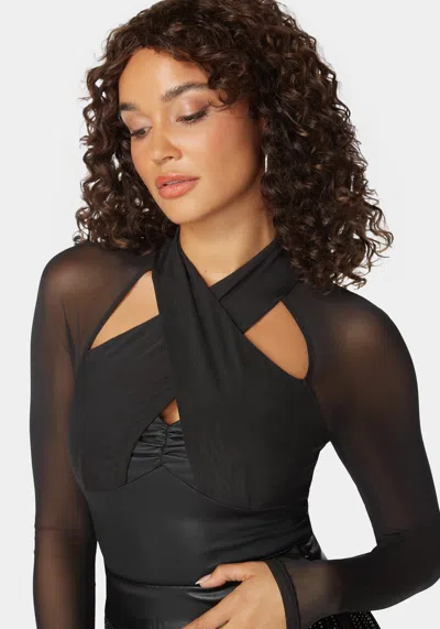 Bebe Coated Knit Combo Mesh Halter Neck Bodysuit In Black