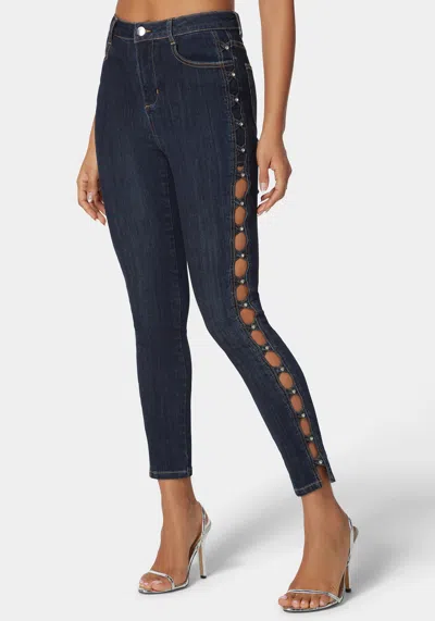 Shop Bebe Natural Waist Stud Detail Skinny Leg Jeans In Dark Indigo Wash