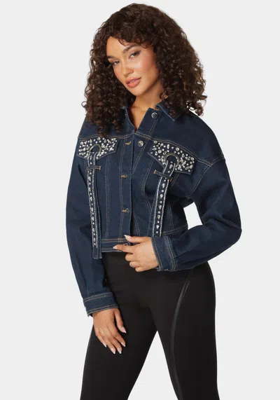 Bebe Button Front Stud Detail Denim Jacket In Dark Indigo Wash