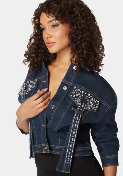 Bebe Button Front Stud Detail Denim Jacket In Dark Indigo Wash