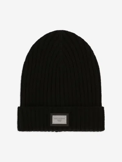 Dolce & Gabbana Logo-plaque Ribbed Wool Beanie In Black