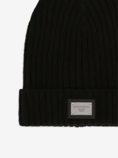 Dolce & Gabbana Logo-plaque Ribbed Wool Beanie In Black