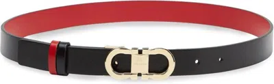 Ferragamo Reversible Leather Belt With Gold-tone Double Gancini Buckle In Black