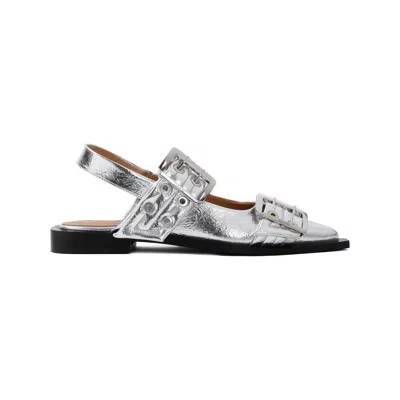 Ganni Silver Slingback Ballet Flat Shoe With Buckles In Silver