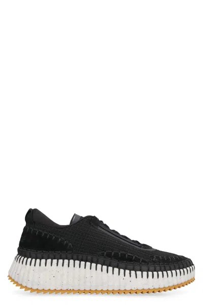 Chloé Nama Embroidered Suede And Recycled-mesh Sneakers In Black