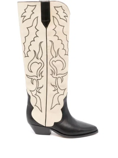Isabel Marant Leila Leather And Suede Cowboy Boots In Black,ecru