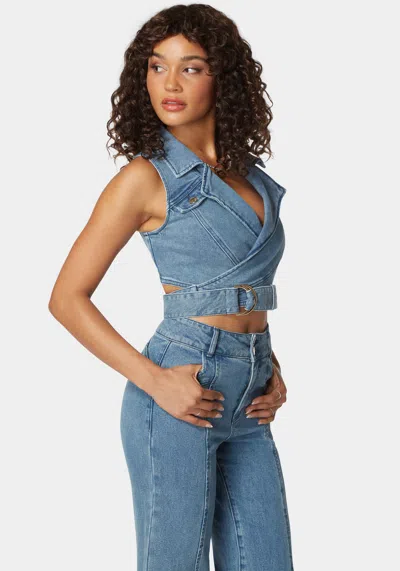 Bebe Sequin Hooded Denim Jacket In Blue Wash