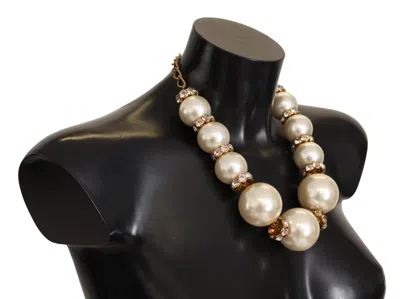 Dolce & Gabbana Elegant Faux Pearl Charm Necklace With Crystal Accents In Gold