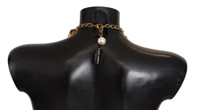 Dolce & Gabbana Elegant Faux Pearl Charm Necklace With Crystal Accents In Gold