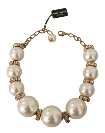 Dolce & Gabbana Elegant Faux Pearl Charm Necklace With Crystal Accents In Gold