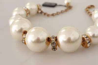 Dolce & Gabbana Elegant Faux Pearl Charm Necklace With Crystal Accents In Gold