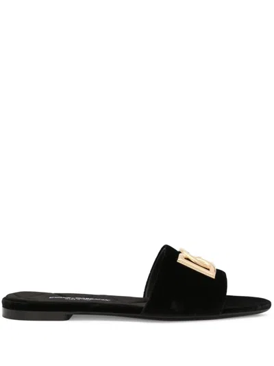 DOLCE & GABBANA DOLCE & GABBANA LOGO LEATHER FLAT SANDALS 