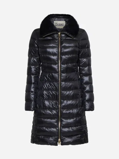 Herno Long Navy Puffer Jacket With Removable Ribbed Collar In Black