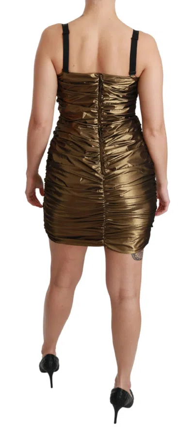 Dolce & Gabbana Gold Metallic Stretch Bodycon Ruched Dress In Bronze