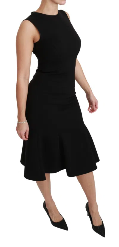 Dolce & Gabbana Black Fit Flare Wool Stretch Sheath Dress In Black