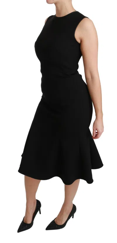 Dolce & Gabbana Black Fit Flare Wool Stretch Sheath Dress In Black