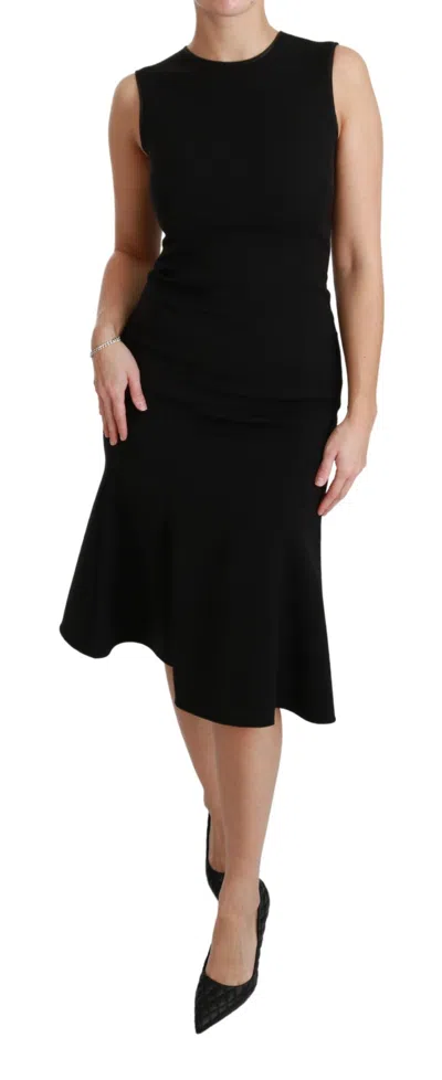Dolce & Gabbana Black Fit Flare Wool Stretch Sheath Dress In Black