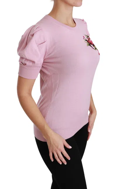 Dolce & Gabbana Pink Floral Embroidered Blouse Wool Top In Pink