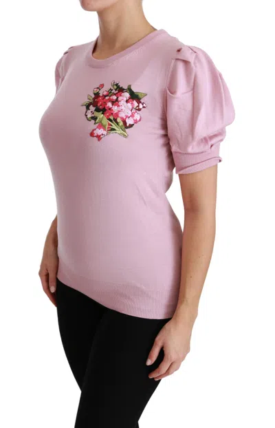 Dolce & Gabbana Pink Floral Embroidered Blouse Wool Top In Pink