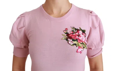 Dolce & Gabbana Pink Floral Embroidered Blouse Wool Top In Pink