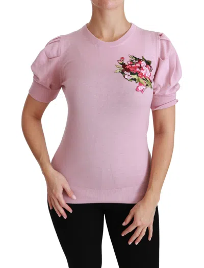 Dolce & Gabbana Pink Floral Embroidered Blouse Wool Top In Pink