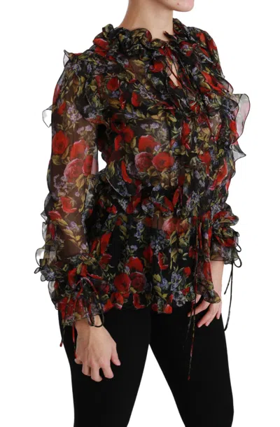 Dolce & Gabbana Black Floral Roses Blouse Silk Top In Black