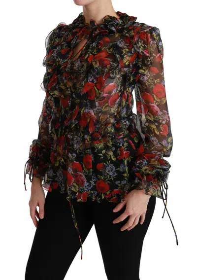 Dolce & Gabbana Black Floral Roses Blouse Silk Top In Black