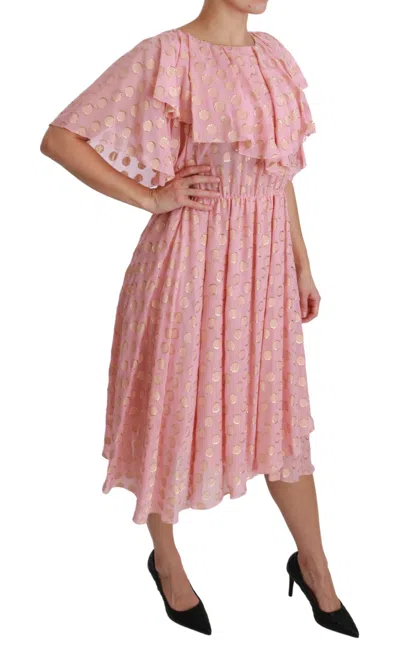 Dolce & Gabbana Silk Pink Polka Dots Pleated A-line Midi Dress In Pink