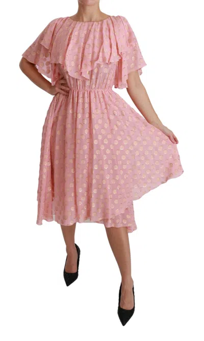 Dolce & Gabbana Silk Pink Polka Dots Pleated A-line Midi Dress In Pink